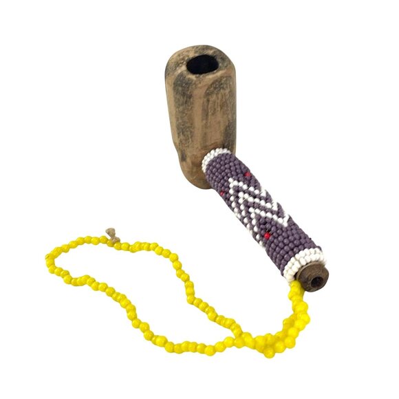 Vintage Wooden Beaded Pipe With Yellow Bead Strap - Picture 6 of 7